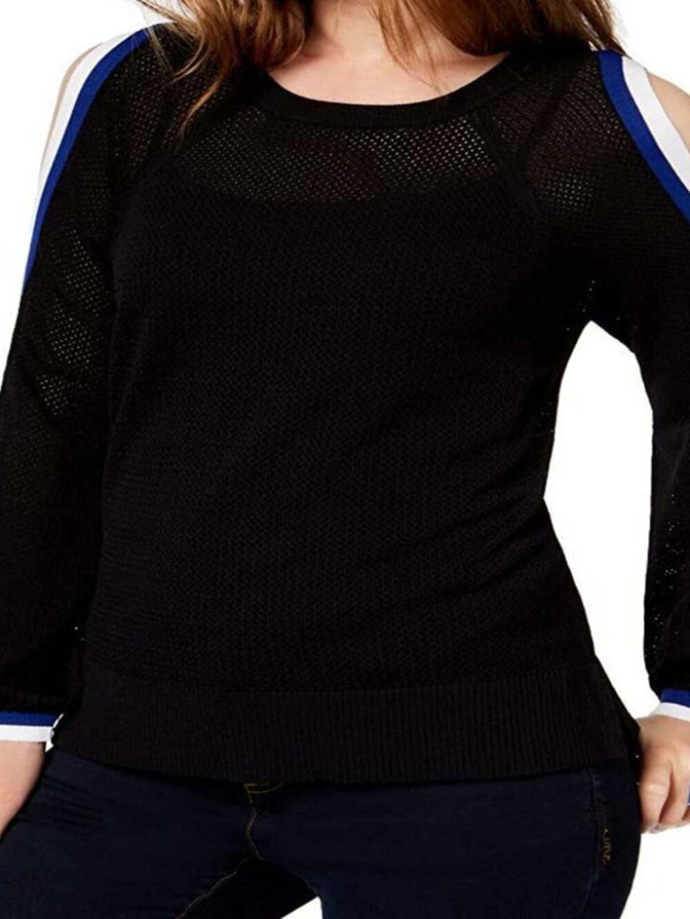 INC International Concepts Womens Striped Sleeve Cold Shoulder Top